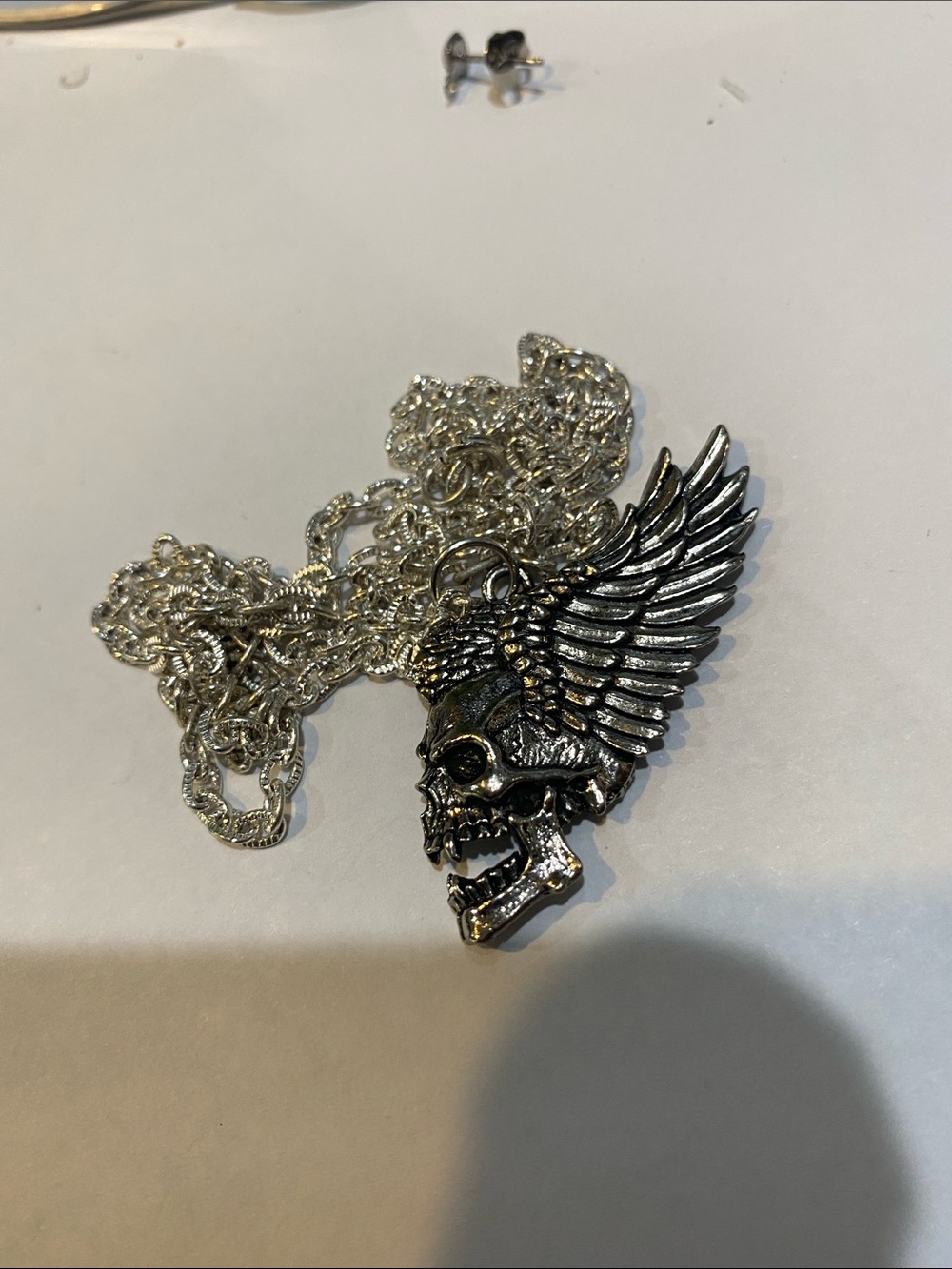 Winged Skull Pendant Necklace - Silver Tone Gothic Jewelry